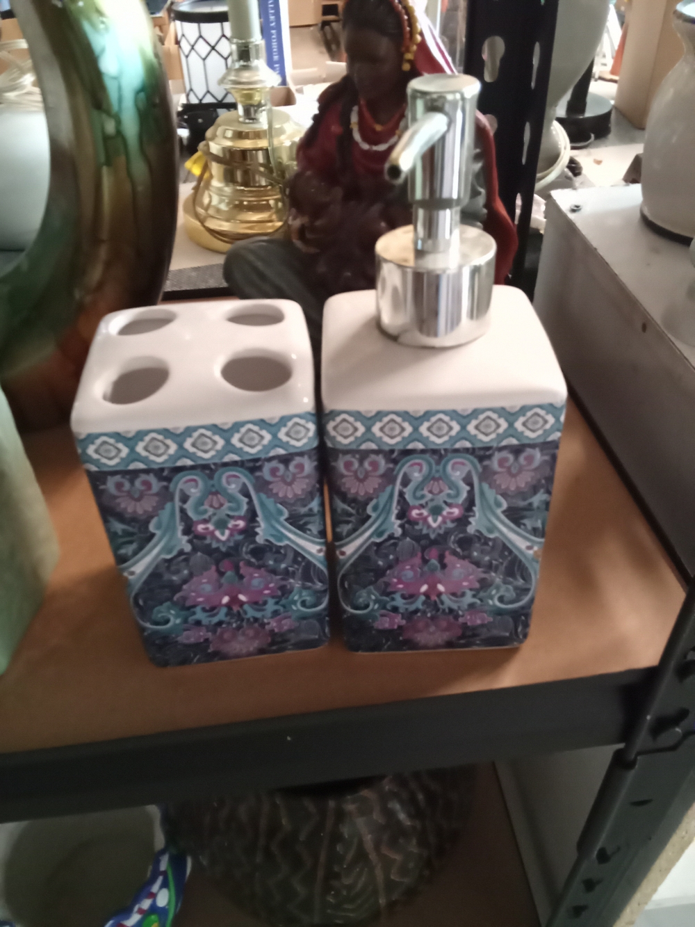 Decorative Bathroom Accessory Set - Blue Purple Patterned Ceramic